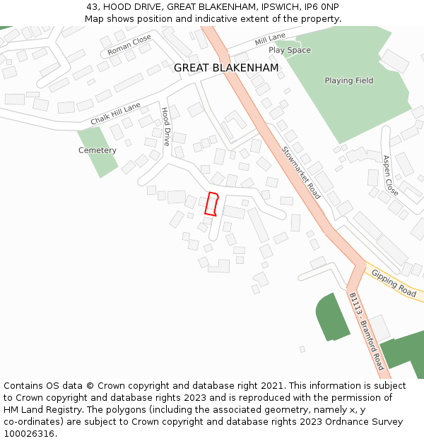 43, HOOD DRIVE, GREAT BLAKENHAM, IPSWICH, IP6 0NP: Location map and indicative extent of plot