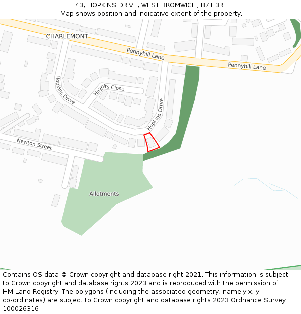 43, HOPKINS DRIVE, WEST BROMWICH, B71 3RT: Location map and indicative extent of plot
