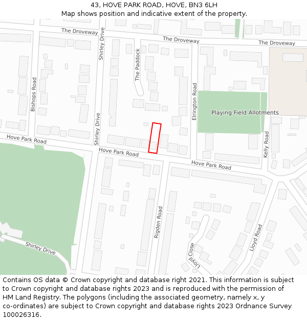43, HOVE PARK ROAD, HOVE, BN3 6LH: Location map and indicative extent of plot