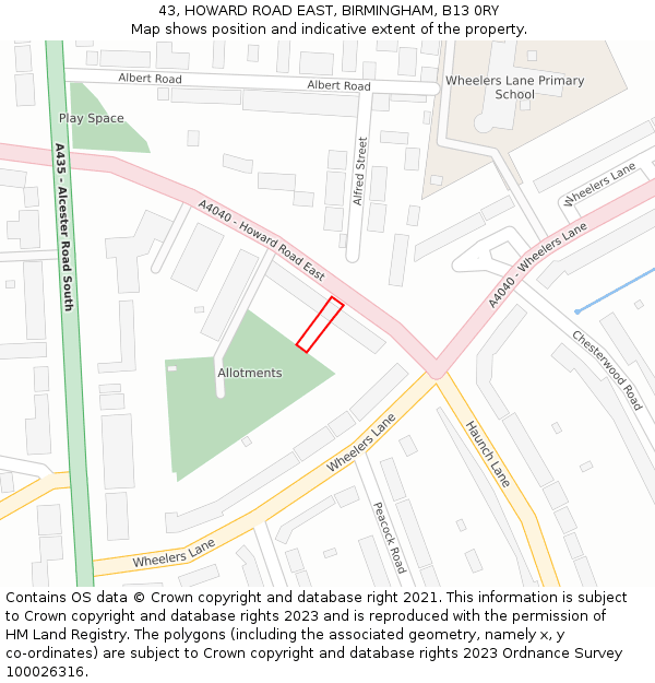 43, HOWARD ROAD EAST, BIRMINGHAM, B13 0RY: Location map and indicative extent of plot