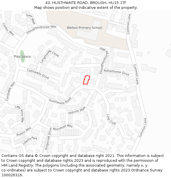 43, HUSTHWAITE ROAD, BROUGH, HU15 1TF: Location map and indicative extent of plot