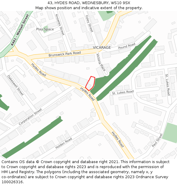 43, HYDES ROAD, WEDNESBURY, WS10 9SX: Location map and indicative extent of plot