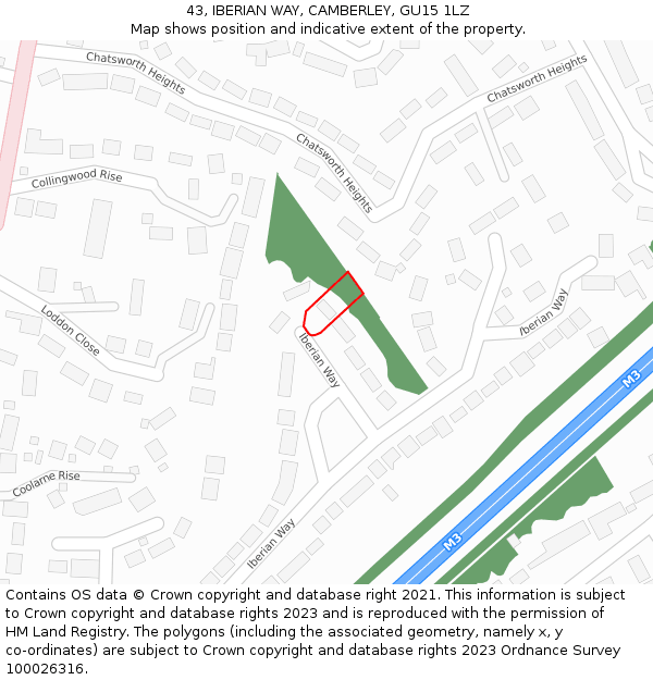 43, IBERIAN WAY, CAMBERLEY, GU15 1LZ: Location map and indicative extent of plot