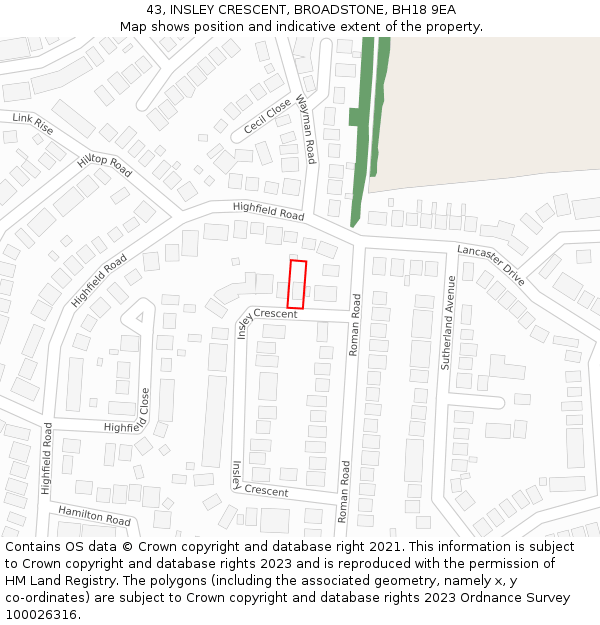 43, INSLEY CRESCENT, BROADSTONE, BH18 9EA: Location map and indicative extent of plot
