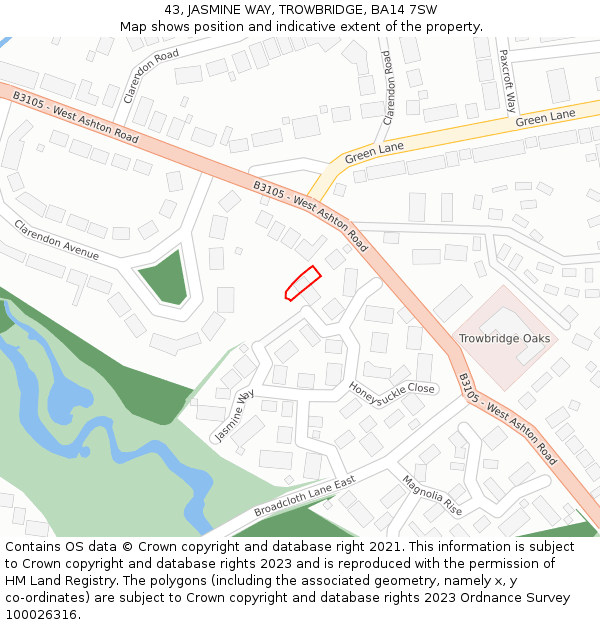 43, JASMINE WAY, TROWBRIDGE, BA14 7SW: Location map and indicative extent of plot