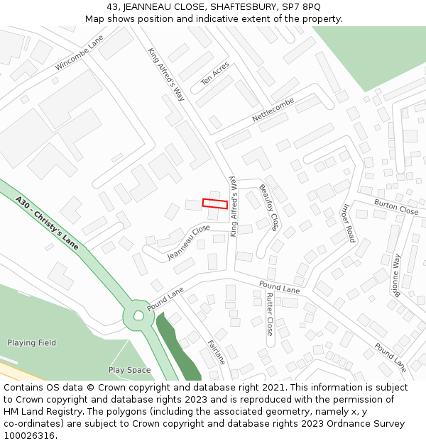 43, JEANNEAU CLOSE, SHAFTESBURY, SP7 8PQ: Location map and indicative extent of plot
