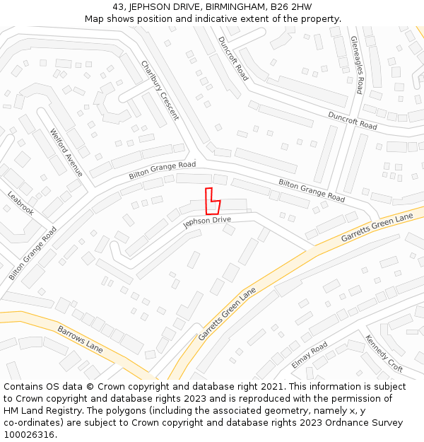 43, JEPHSON DRIVE, BIRMINGHAM, B26 2HW: Location map and indicative extent of plot