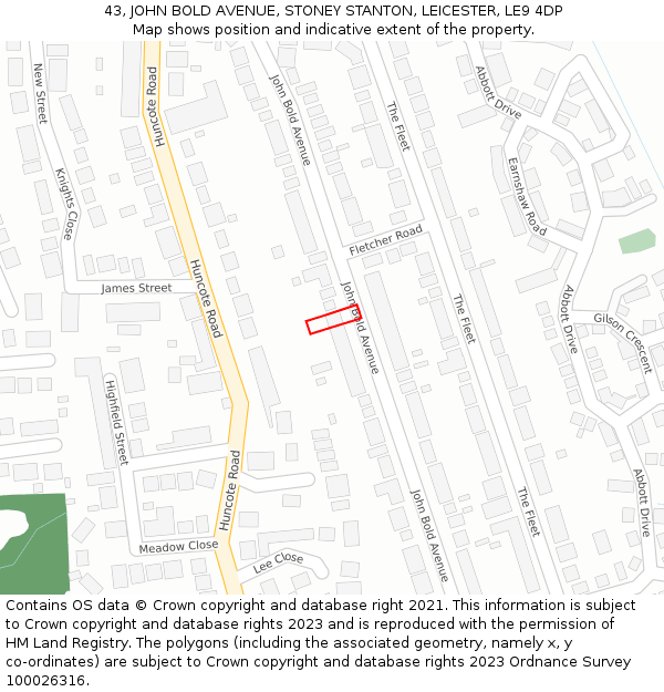 43, JOHN BOLD AVENUE, STONEY STANTON, LEICESTER, LE9 4DP: Location map and indicative extent of plot