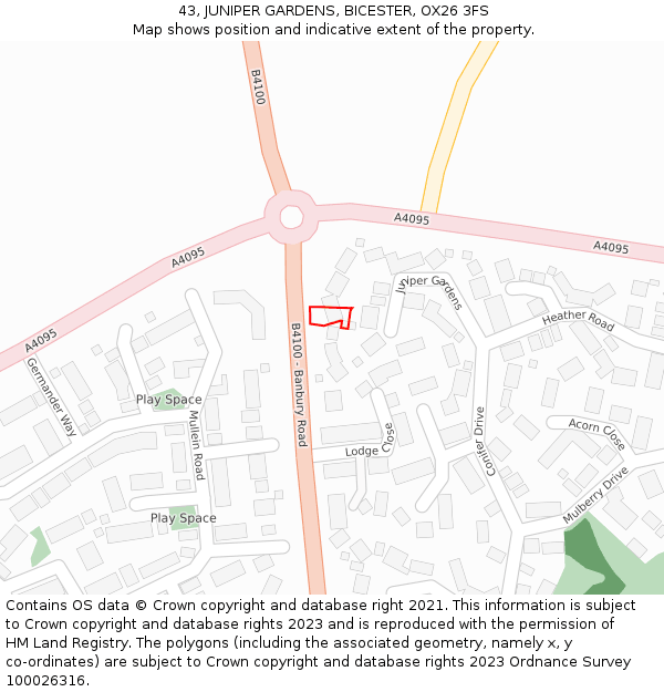 43, JUNIPER GARDENS, BICESTER, OX26 3FS: Location map and indicative extent of plot