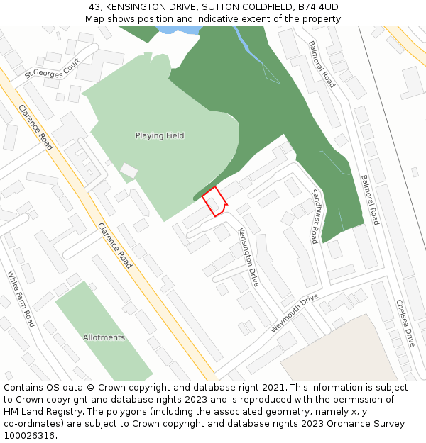 43, KENSINGTON DRIVE, SUTTON COLDFIELD, B74 4UD: Location map and indicative extent of plot