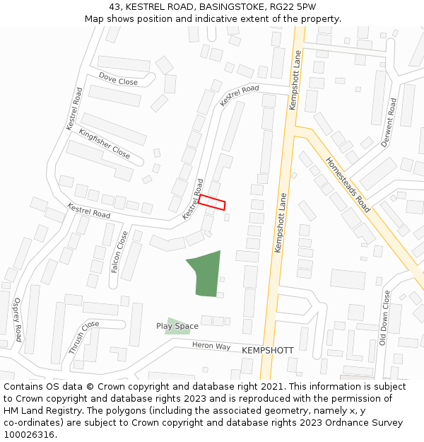 43, KESTREL ROAD, BASINGSTOKE, RG22 5PW: Location map and indicative extent of plot