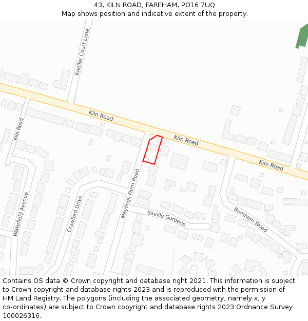 43, KILN ROAD, FAREHAM, PO16 7UQ: Location map and indicative extent of plot
