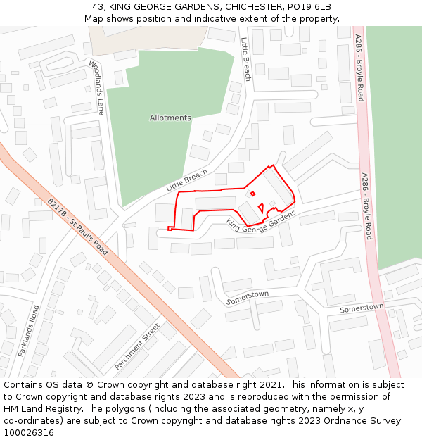 43, KING GEORGE GARDENS, CHICHESTER, PO19 6LB: Location map and indicative extent of plot