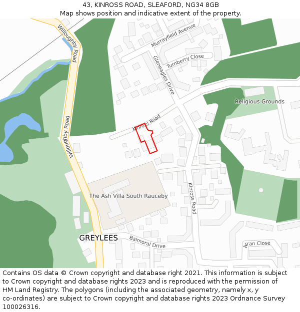 43, KINROSS ROAD, SLEAFORD, NG34 8GB: Location map and indicative extent of plot