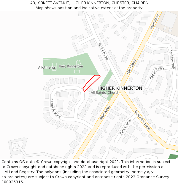 43, KIRKETT AVENUE, HIGHER KINNERTON, CHESTER, CH4 9BN: Location map and indicative extent of plot