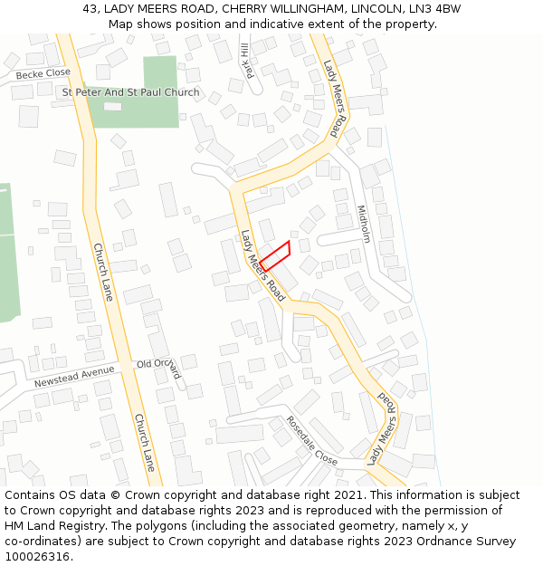 43, LADY MEERS ROAD, CHERRY WILLINGHAM, LINCOLN, LN3 4BW: Location map and indicative extent of plot
