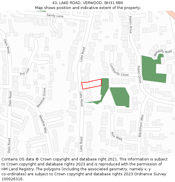 43, LAKE ROAD, VERWOOD, BH31 6BX: Location map and indicative extent of plot