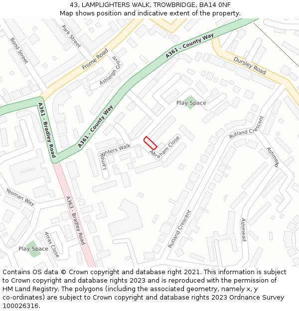 43, LAMPLIGHTERS WALK, TROWBRIDGE, BA14 0NF: Location map and indicative extent of plot