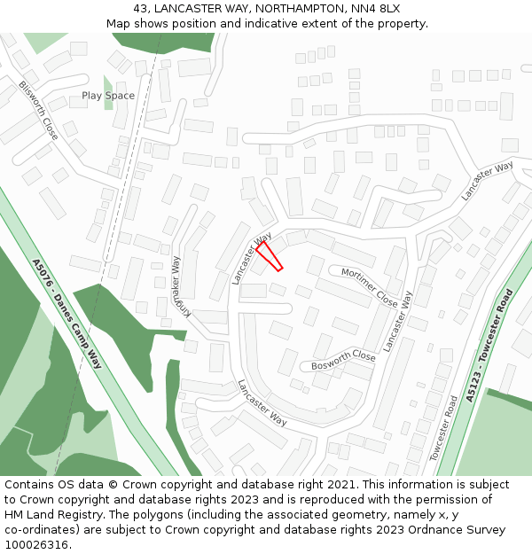 43, LANCASTER WAY, NORTHAMPTON, NN4 8LX: Location map and indicative extent of plot