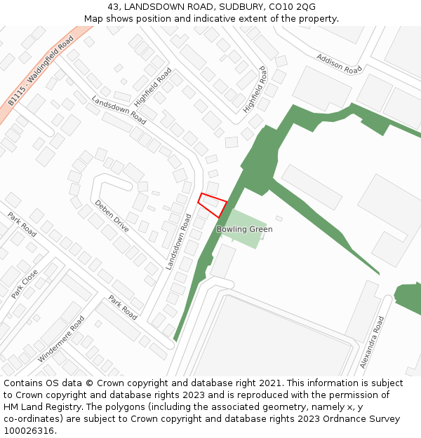 43, LANDSDOWN ROAD, SUDBURY, CO10 2QG: Location map and indicative extent of plot