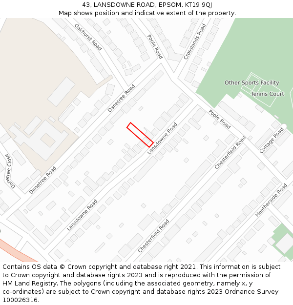 43, LANSDOWNE ROAD, EPSOM, KT19 9QJ: Location map and indicative extent of plot