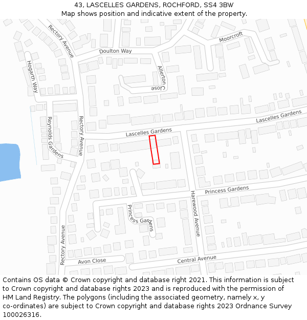 43, LASCELLES GARDENS, ROCHFORD, SS4 3BW: Location map and indicative extent of plot