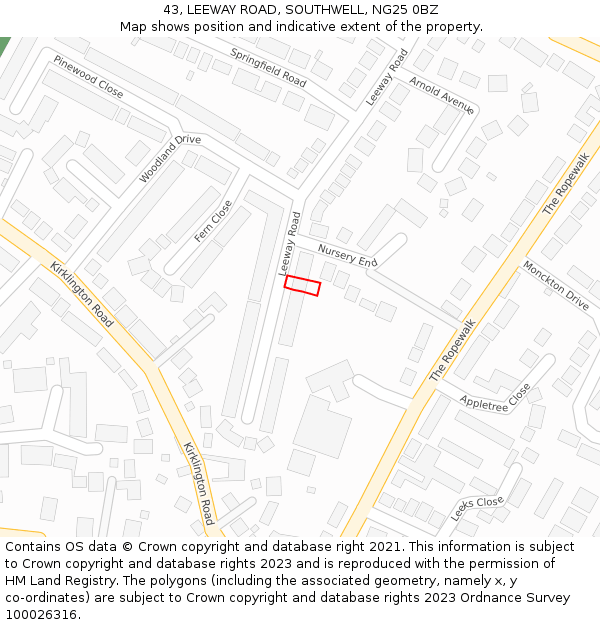 43, LEEWAY ROAD, SOUTHWELL, NG25 0BZ: Location map and indicative extent of plot