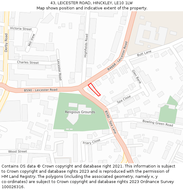 43, LEICESTER ROAD, HINCKLEY, LE10 1LW: Location map and indicative extent of plot