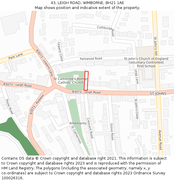 43, LEIGH ROAD, WIMBORNE, BH21 1AE: Location map and indicative extent of plot