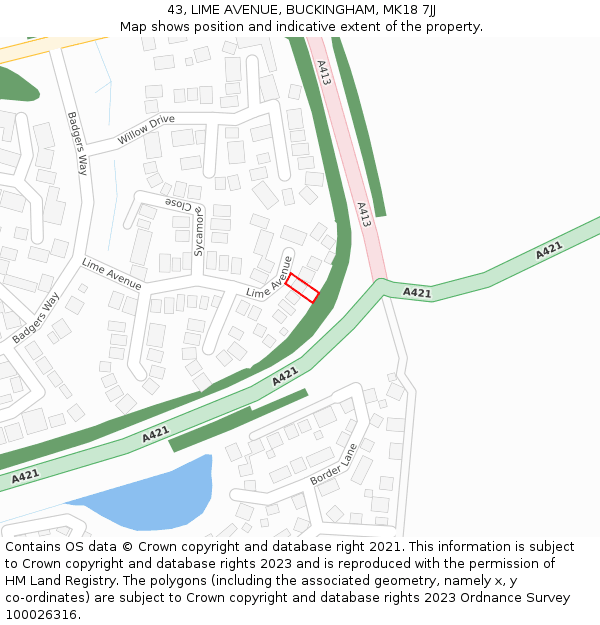 43, LIME AVENUE, BUCKINGHAM, MK18 7JJ: Location map and indicative extent of plot