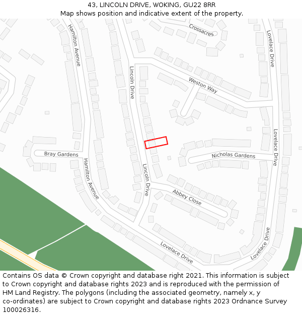 43, LINCOLN DRIVE, WOKING, GU22 8RR: Location map and indicative extent of plot