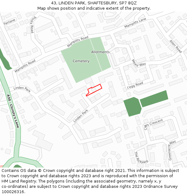 43, LINDEN PARK, SHAFTESBURY, SP7 8QZ: Location map and indicative extent of plot