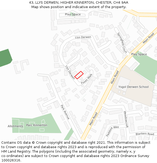 43, LLYS DERWEN, HIGHER KINNERTON, CHESTER, CH4 9AA: Location map and indicative extent of plot