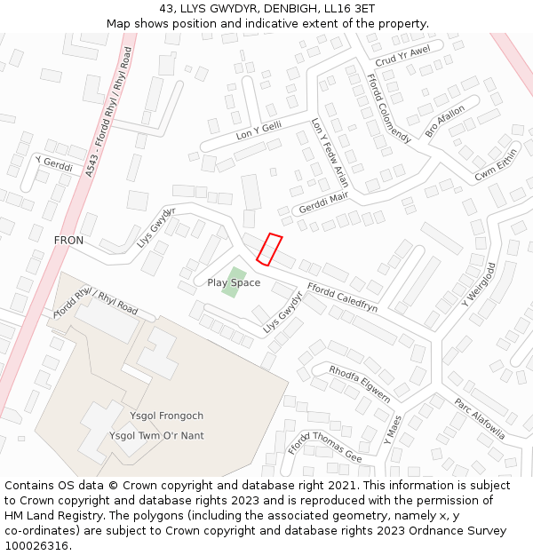 43, LLYS GWYDYR, DENBIGH, LL16 3ET: Location map and indicative extent of plot