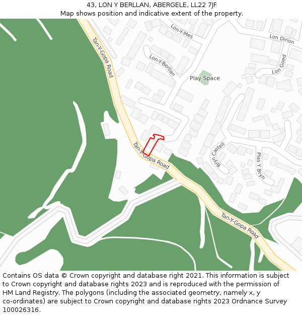 43, LON Y BERLLAN, ABERGELE, LL22 7JF: Location map and indicative extent of plot