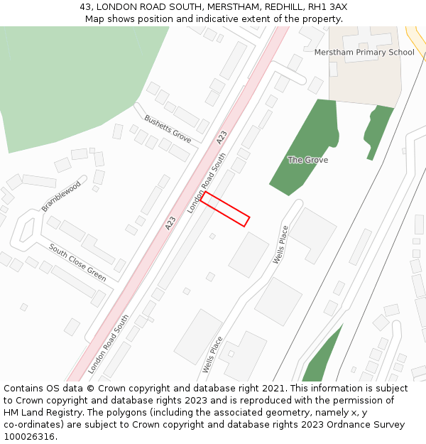43, LONDON ROAD SOUTH, MERSTHAM, REDHILL, RH1 3AX: Location map and indicative extent of plot