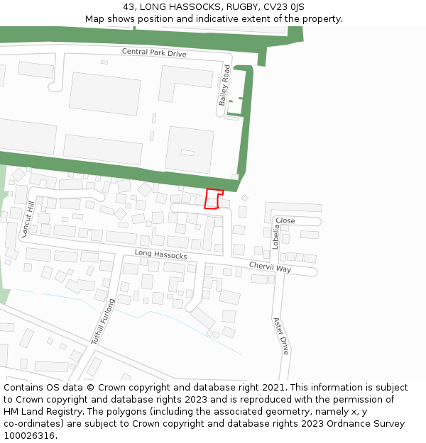 43, LONG HASSOCKS, RUGBY, CV23 0JS: Location map and indicative extent of plot