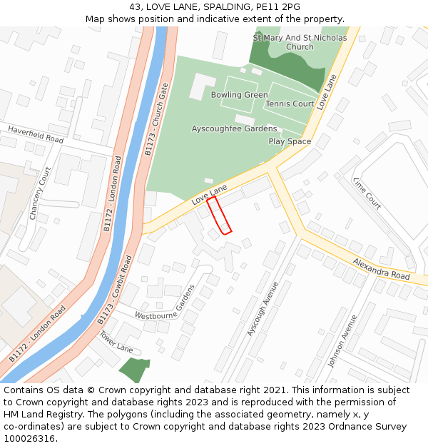 43, LOVE LANE, SPALDING, PE11 2PG: Location map and indicative extent of plot