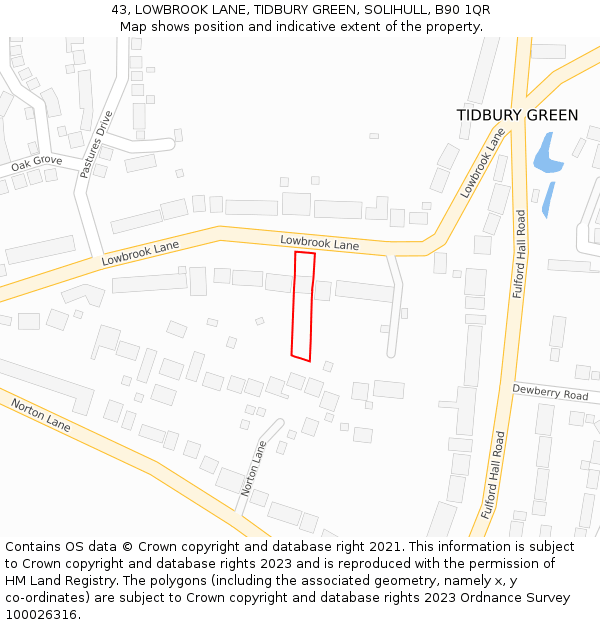 43, LOWBROOK LANE, TIDBURY GREEN, SOLIHULL, B90 1QR: Location map and indicative extent of plot