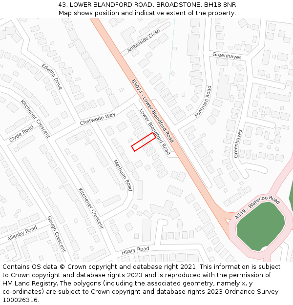 43, LOWER BLANDFORD ROAD, BROADSTONE, BH18 8NR: Location map and indicative extent of plot