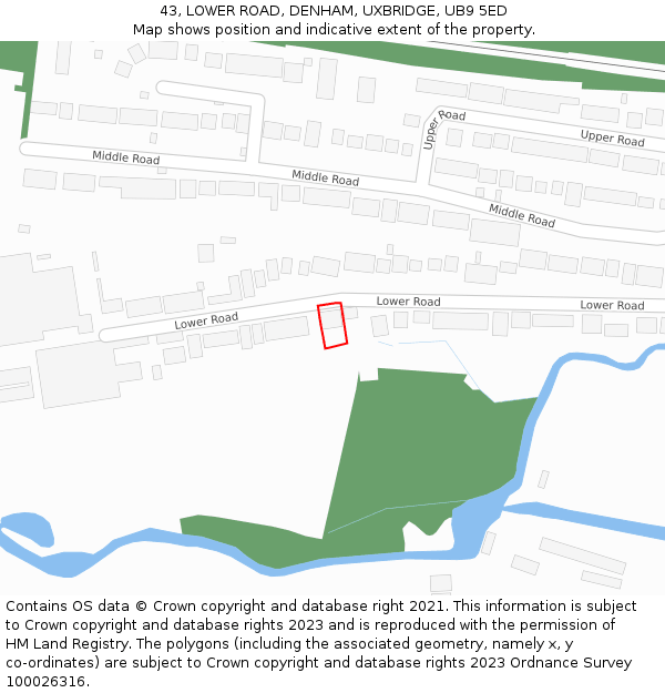 43, LOWER ROAD, DENHAM, UXBRIDGE, UB9 5ED: Location map and indicative extent of plot