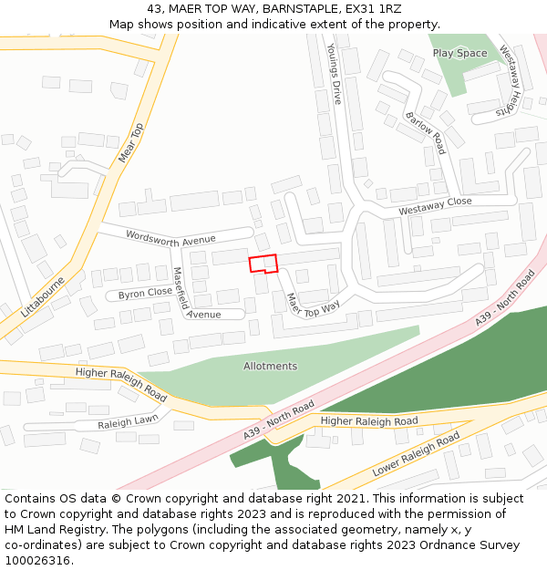 43, MAER TOP WAY, BARNSTAPLE, EX31 1RZ: Location map and indicative extent of plot