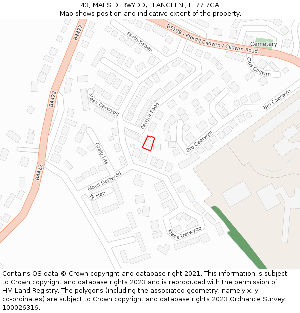 43, MAES DERWYDD, LLANGEFNI, LL77 7GA: Location map and indicative extent of plot