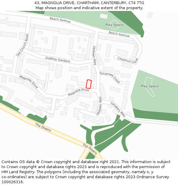 43, MAGNOLIA DRIVE, CHARTHAM, CANTERBURY, CT4 7TG: Location map and indicative extent of plot