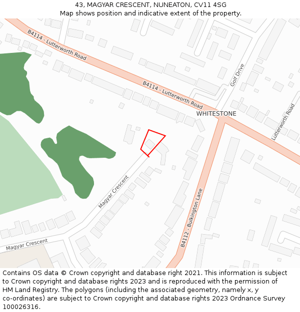 43, MAGYAR CRESCENT, NUNEATON, CV11 4SG: Location map and indicative extent of plot