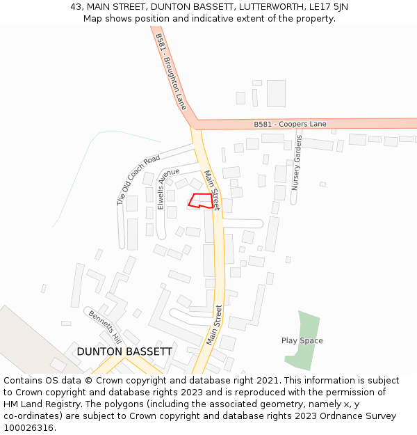 43, MAIN STREET, DUNTON BASSETT, LUTTERWORTH, LE17 5JN: Location map and indicative extent of plot