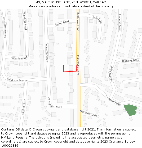 43, MALTHOUSE LANE, KENILWORTH, CV8 1AD: Location map and indicative extent of plot