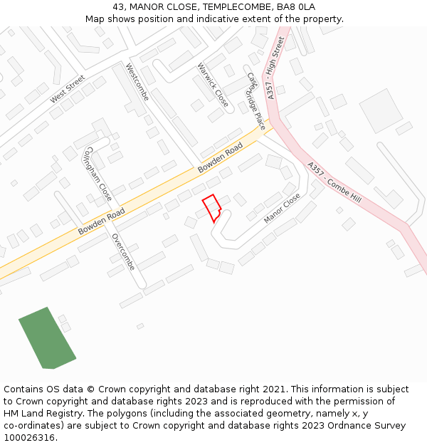 43, MANOR CLOSE, TEMPLECOMBE, BA8 0LA: Location map and indicative extent of plot