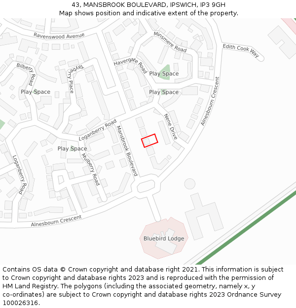 43, MANSBROOK BOULEVARD, IPSWICH, IP3 9GH: Location map and indicative extent of plot