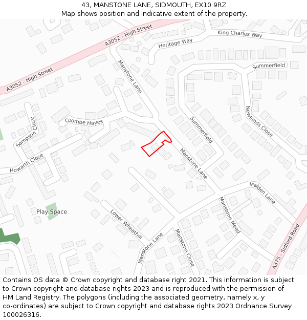 43, MANSTONE LANE, SIDMOUTH, EX10 9RZ: Location map and indicative extent of plot